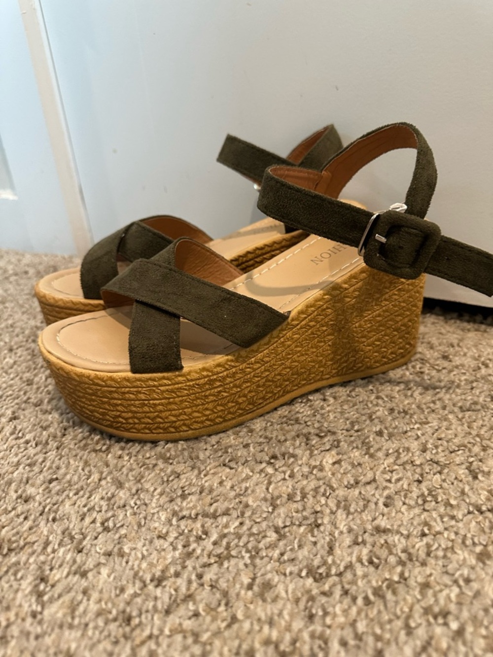 SHEIN Olive Suede Espadrille Wedge Sandals